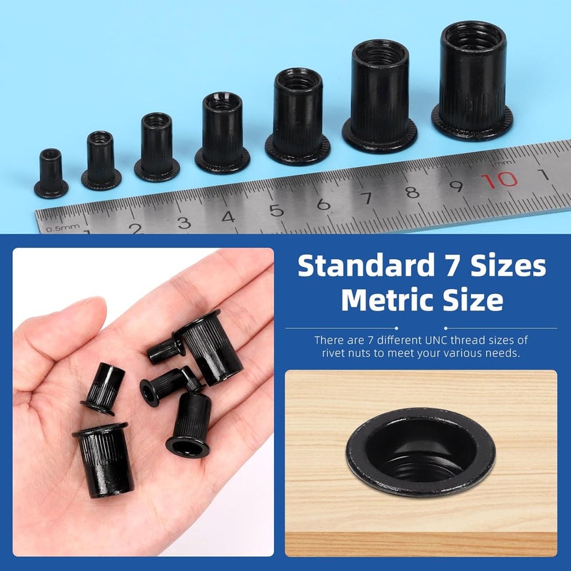 Glarks 100Pcs M5 Rivet Nuts - Black Zinc Plated Carbon Steel Flat Head Rivnut Threaded Insert Assortment Set - Image 5
